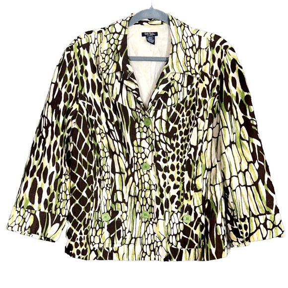 Bob Mackie Jacket Women 14 Green Brown Linen Button Abstract Animal Print Casual - Picture 1 of 12